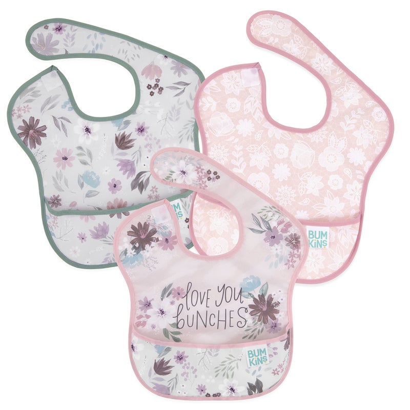 Bumkins Bibs for Girl or Boy, SuperBib Baby and Toddler for 6-24 Months, Essential Must Have for Eating, Feeding, Baby Led Weaning Supplies, Mess Saving Catch Food, Fabric 3-pk Floral and Lace - Image 1