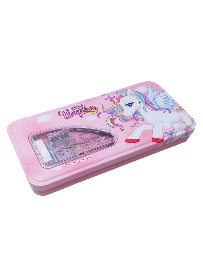 PARTEET Pink Combo Pack Of Cartoon Printed Metal Pencil Box Case With 2Pencils, 1Eraser, 1Scale, 1Sharpener, Stationery Set Double Layer Organizer For Kids, Birthday Return Gift (Assorted) - Image 1