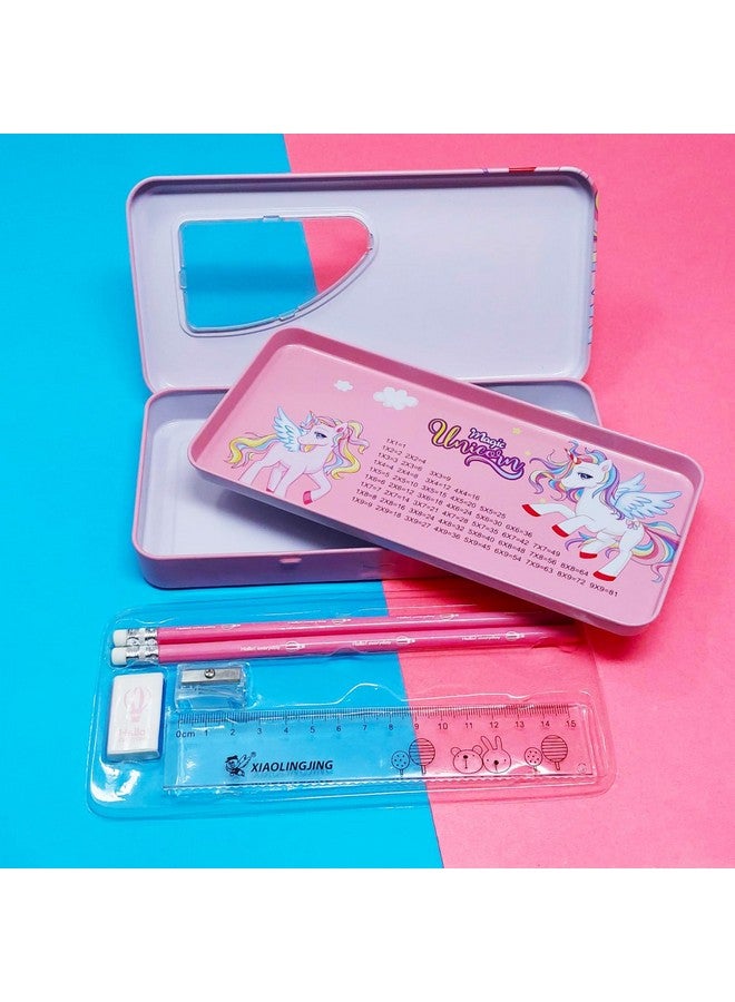 PARTEET Pink Combo Pack Of Cartoon Printed Metal Pencil Box Case With 2Pencils, 1Eraser, 1Scale, 1Sharpener, Stationery Set Double Layer Organizer For Kids, Birthday Return Gift (Assorted) - Image 2