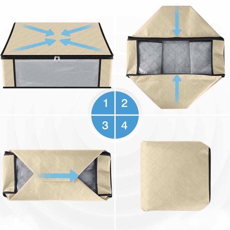 HomeHacks Storage 3-Pack Clothes Organizer Storage Bags Foldable Storage Box with Large Clear Window Sturdy Handles for Closet, Dorm, Pillows, Bedding, Clothes, Blankets, 35L, Beige - Image 3