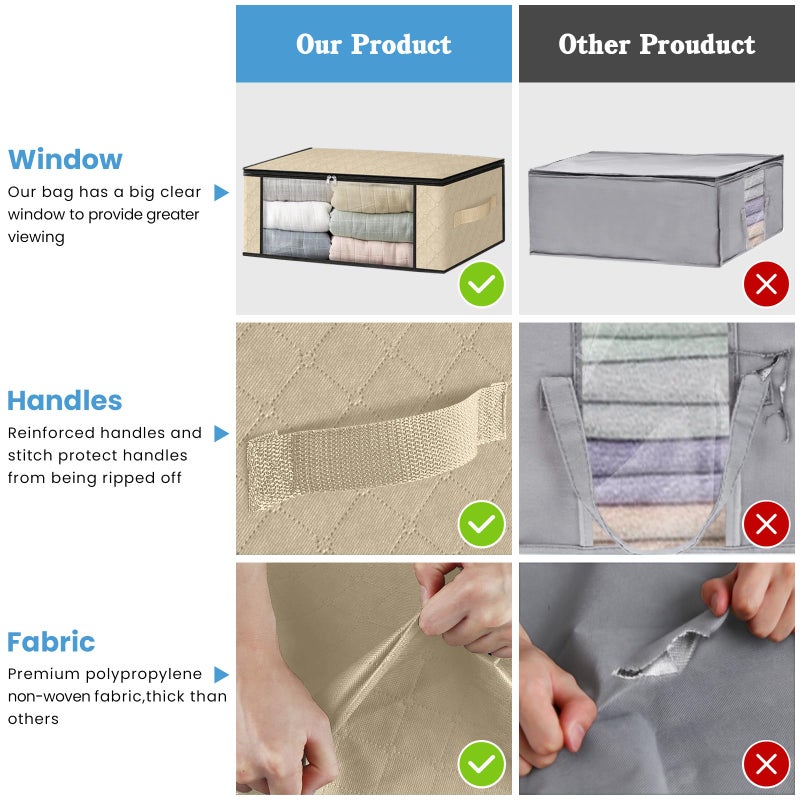 HomeHacks Storage 3-Pack Clothes Organizer Storage Bags Foldable Storage Box with Large Clear Window Sturdy Handles for Closet, Dorm, Pillows, Bedding, Clothes, Blankets, 35L, Beige - Image 5
