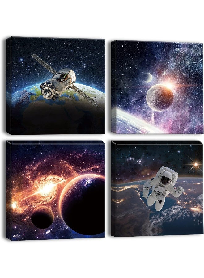 Artscope 4 Pieces Wall Art Canvas Prints - Planet Universe Space Picture Painting - Modern Wall Artwork Framed for Gifts Bathroom Home Kitchen Office Decor - 30 x 30 CM - Image 1