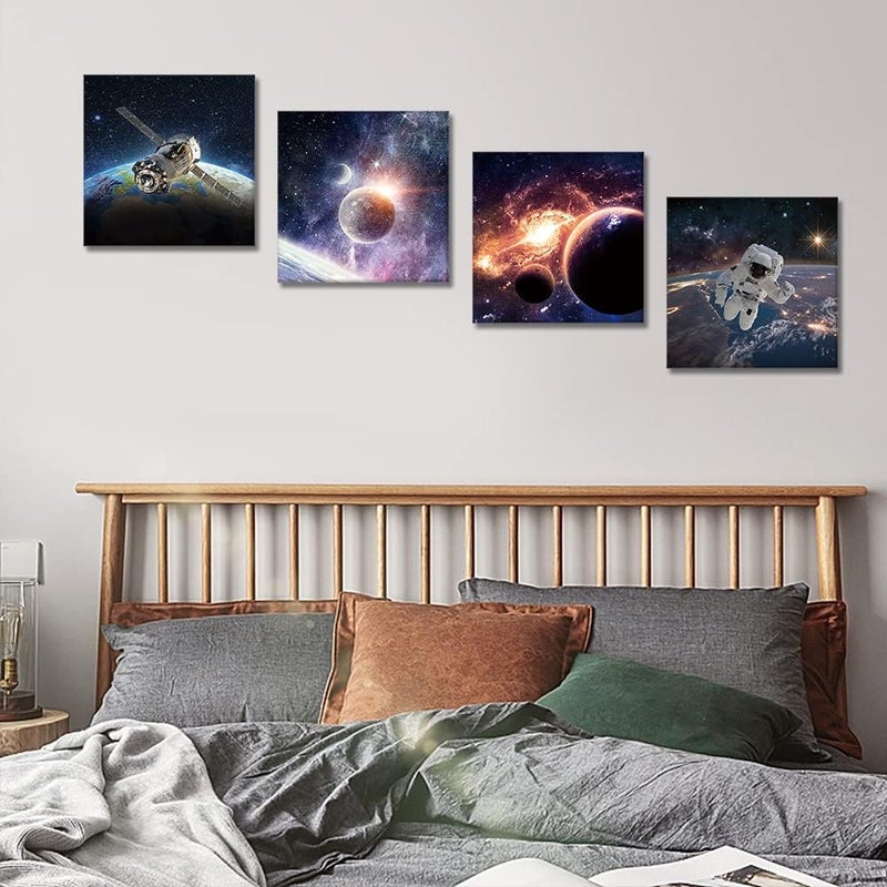 Artscope 4 Pieces Wall Art Canvas Prints - Planet Universe Space Picture Painting - Modern Wall Artwork Framed for Gifts Bathroom Home Kitchen Office Decor - 30 x 30 CM - Image 5