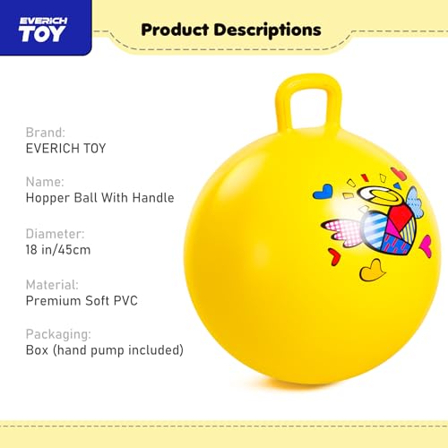 EVERICH TOY Hopper Ball for Kids 18In Ride On Bouncy Ball with Handle Yellow Heart Girls Toys for Indoor Outdoor Active Play Toys Easter Basket Stuffers Girls Boys Gifts for 4 5 6 7 8 Yr Old - Image 5