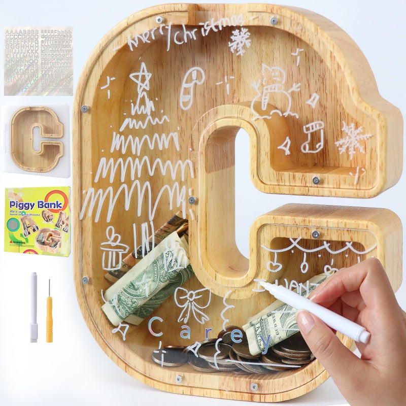 weallbuy Large Letter Piggy Bank for Kids Boys Girls Wooden Personalized Piggy Banks AZ with Target Area Clear Alphabet Banknote Coin Banks for Gift Decoration Baptism C