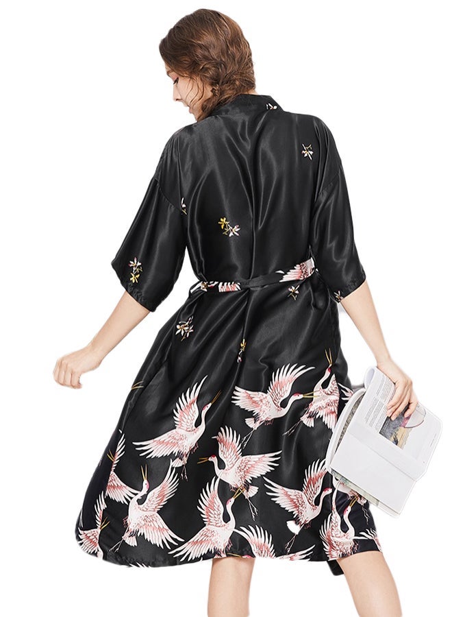 Joychic Self-Tie Waist Printed Night Robe Black - Image 2