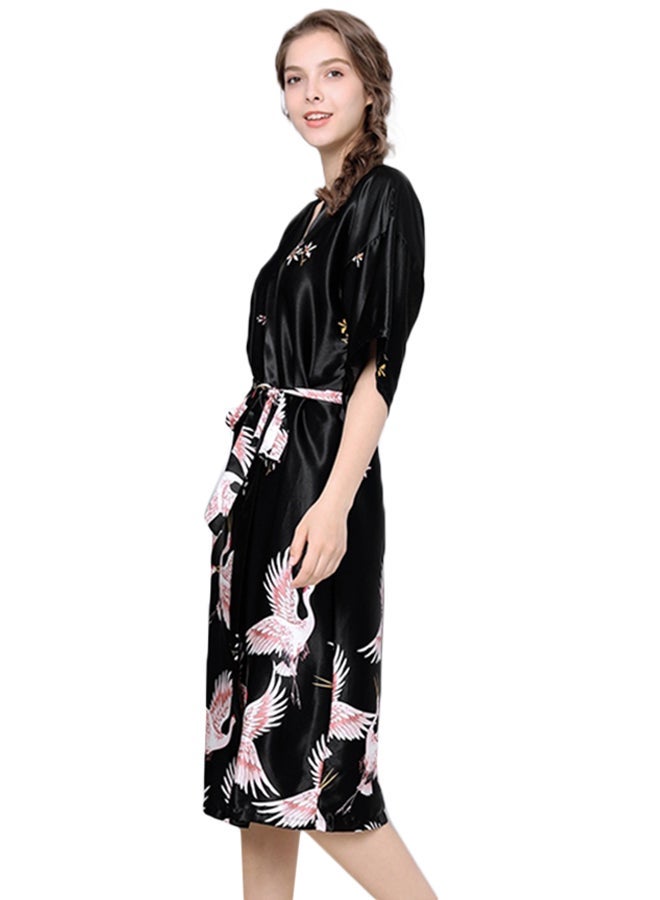 Joychic Self-Tie Waist Printed Night Robe Black - Image 4