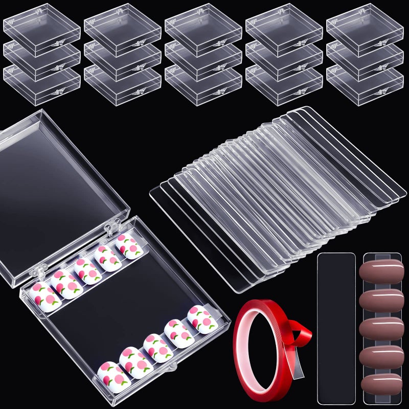 Demissle 66 Pcs Artificial Nail Storage Box and Nail Art Display Stand Holder Set 15 Plastic False Nail Packaging Boxes 50 Clear Press on Nail Stand with 5 M Double Sided Tape for Acrylic Nails Practice Salon
