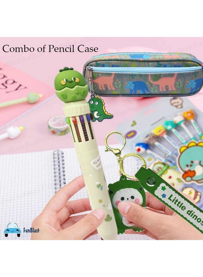 FunBlast Plastic Pencil Pouches For Girls-Pack Of 3 Pcs Dinosaur Gifts Set,Combo Case,10 Color Pen & Key Ring,Kawaii Stationary Gift Set,Birthday Items,Return Kids-Multicolor - Image 5