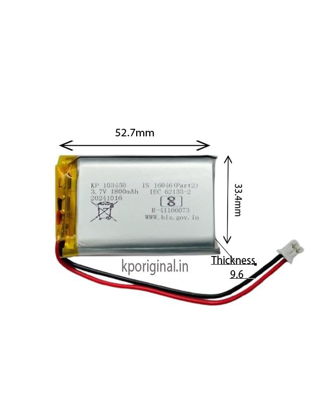 KP Original Battery KP Original -103450 3.7v 1800mAh 2pin Wire Rechargeable Battery (is 16046(Part2) IEC 62133-2 with connetor for RC Toys, Bluetooth Speaker, Drone, DIY, MP3,DVD 1800 mah - Image 2