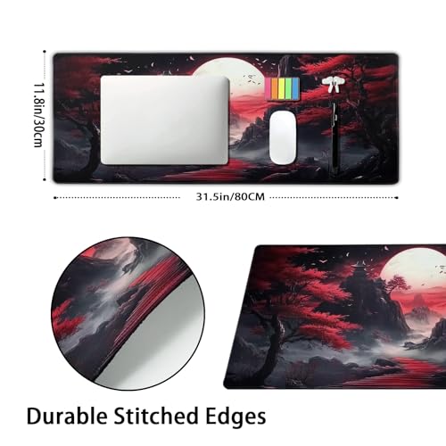 aportt Black Red Japanese Mouse Pad XL Moon Sakura Cherry BLoosm Tree Extended Table Mat 80X30 cm Non-Slip Rubber Base Stitched Edge Large XL Mousepad for Desk Gaming Laptop Desk Top,31.5×11.8 Inch - Image 2