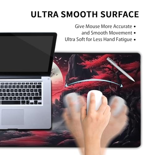 aportt Black Red Japanese Mouse Pad XL Moon Sakura Cherry BLoosm Tree Extended Table Mat 80X30 cm Non-Slip Rubber Base Stitched Edge Large XL Mousepad for Desk Gaming Laptop Desk Top,31.5×11.8 Inch - Image 4