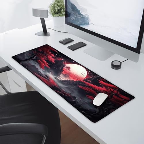 aportt Black Red Japanese Mouse Pad XL Moon Sakura Cherry BLoosm Tree Extended Table Mat 80X30 cm Non-Slip Rubber Base Stitched Edge Large XL Mousepad for Desk Gaming Laptop Desk Top,31.5×11.8 Inch - Image 5