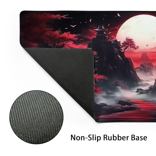 aportt Black Red Japanese Mouse Pad XL Moon Sakura Cherry BLoosm Tree Extended Table Mat 80X30 cm Non-Slip Rubber Base Stitched Edge Large XL Mousepad for Desk Gaming Laptop Desk Top,31.5×11.8 Inch - Image 3