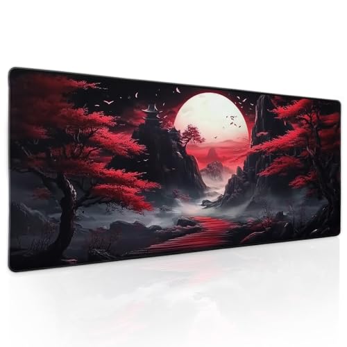aportt Black Red Japanese Mouse Pad XL Moon Sakura Cherry BLoosm Tree Extended Table Mat 80X30 cm Non-Slip Rubber Base Stitched Edge Large XL Mousepad for Desk Gaming Laptop Desk Top,31.5×11.8 Inch - Image 1