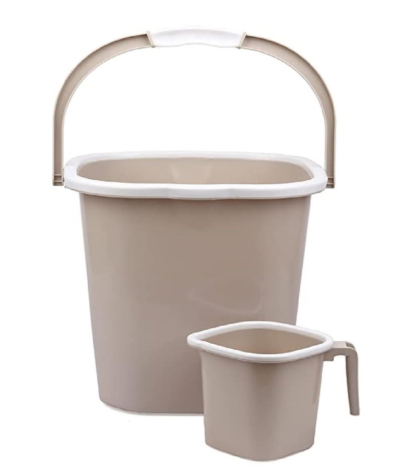 AIR O MATIC AIR O MATIC Plastic Double Moulded Unbreakable Square Bathroom Set Bucket 25L Mug 15L Ivory Brown 