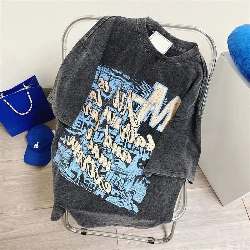 American Style Retro Washed Old Letter Printing Mens and Womens 2024 Hong Kong Style New European and American Street Loose Short Sleeve Top washed black