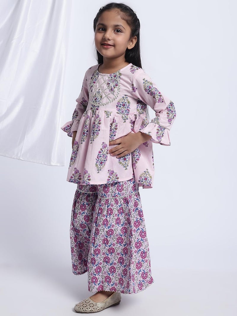 superminis Baby Girls Floral Printed Cotton Kurti Sharara Set (18-24 Months, Pink) - Image 3