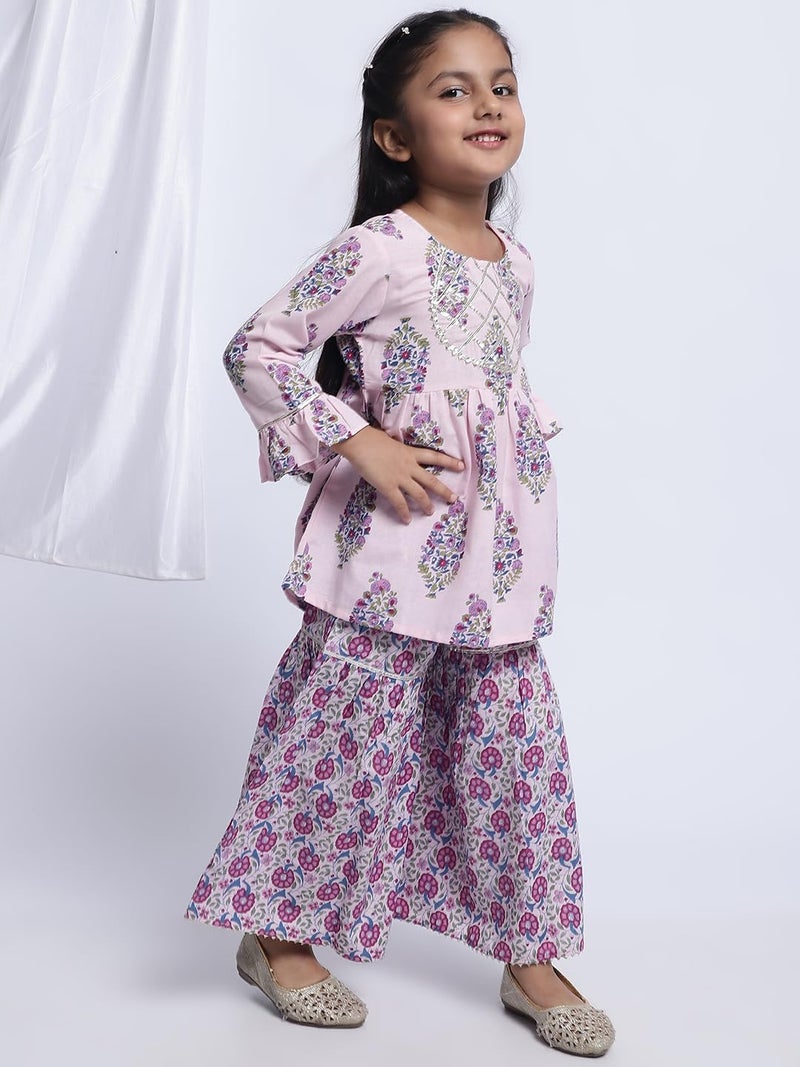 superminis Baby Girls Floral Printed Cotton Kurti Sharara Set (18-24 Months, Pink) - Image 2