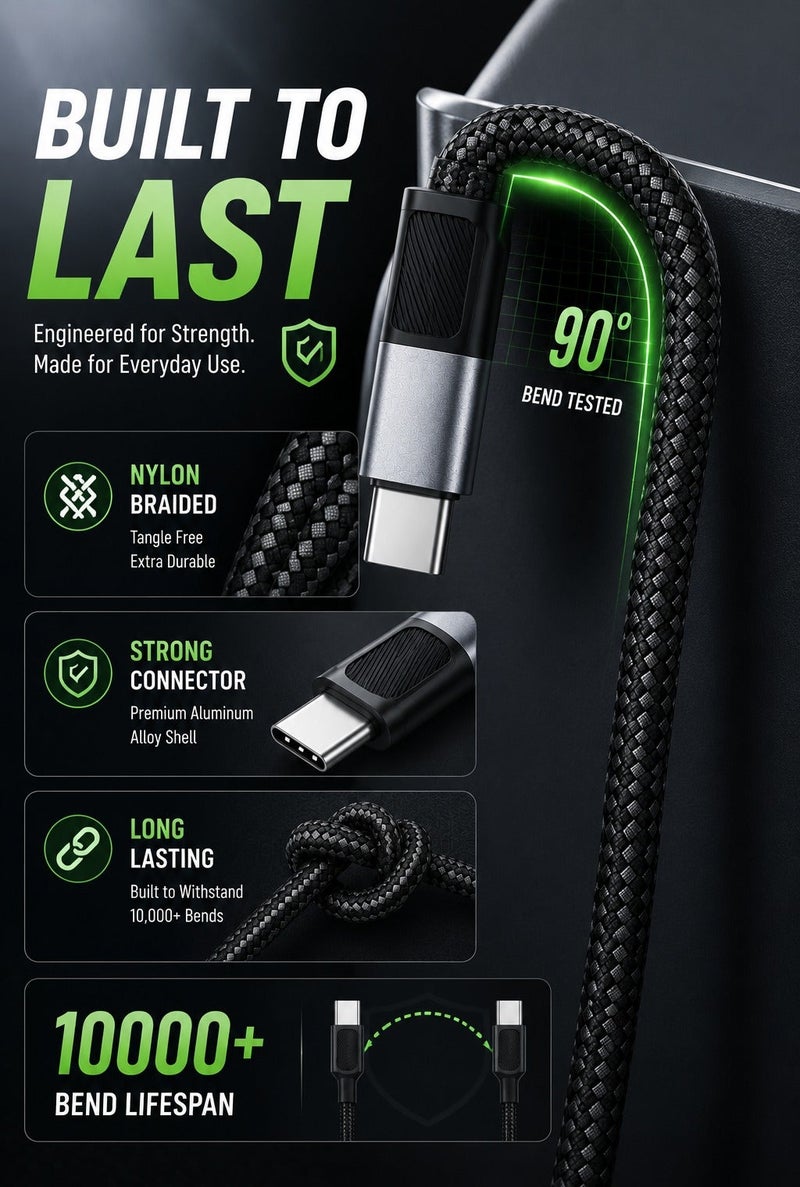 Type C to Type C Cable 120W Fast Charging, USB C to USB C Power Delivery, 10Gbps High Speed Data Transfer, Nylon Braided, Durable Metal Connectors - Image 4