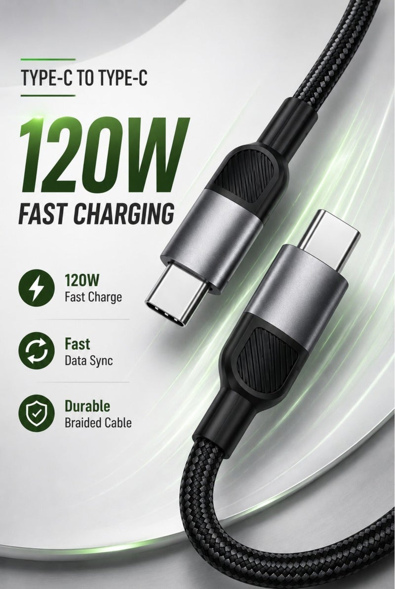 Type C to Type C Cable 120W Fast Charging, USB C to USB C Power Delivery, 10Gbps High Speed Data Transfer, Nylon Braided, Durable Metal Connectors - Image 1