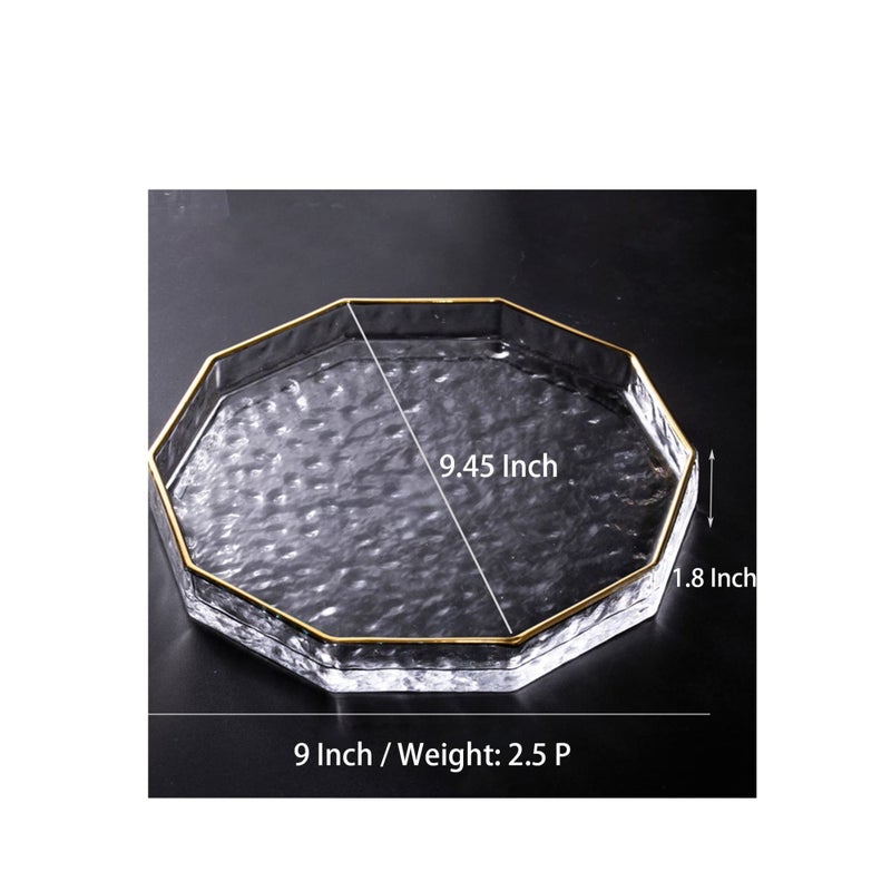 SOLARAE صينية زجاجية بعشرة بوصات بشكل مثمن مع حافة ذهبية، صينية مكياج مزخرفة شفافة مع جدار بارتفاع 2 بوصة، صينية حمام زخرفية سميكة لعرض العطور وصينية مستحضرات التجميل لسطح الطاولة - Image 4