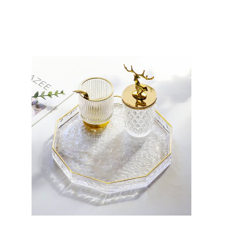SOLARAE صينية زجاجية بعشرة بوصات بشكل مثمن مع حافة ذهبية، صينية مكياج مزخرفة شفافة مع جدار بارتفاع 2 بوصة، صينية حمام زخرفية سميكة لعرض العطور وصينية مستحضرات التجميل لسطح الطاولة - Image 2