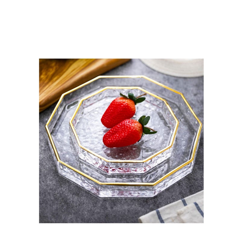 SOLARAE صينية زجاجية بعشرة بوصات بشكل مثمن مع حافة ذهبية، صينية مكياج مزخرفة شفافة مع جدار بارتفاع 2 بوصة، صينية حمام زخرفية سميكة لعرض العطور وصينية مستحضرات التجميل لسطح الطاولة - Image 3
