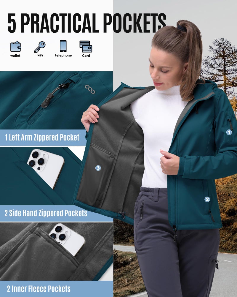 33,000ft Women's Softshell Jacket, Fleece Lined Warm Jacket Light Hooded Windproof Coat for Outdoor Hiking - Image 5