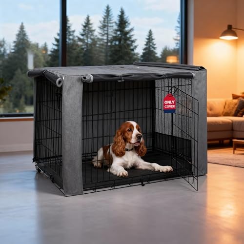 HiCaptain Breathable Dog Crate Cover 42 Inch, Durable Heavy Duty Kennel Cover, Dual Zippered Panels, Windproof Waterproof UV-Resistant(Grey) - Image 1