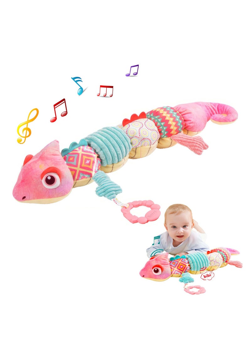 KASTWAVE Baby Musical Stuffed Animal Toy with Soft Sensory Rattles and Crinkle Newborn Plush Tummy Time Toys 6+ Months Old Baby Girl Gift, Pink Chameleon - Image 1