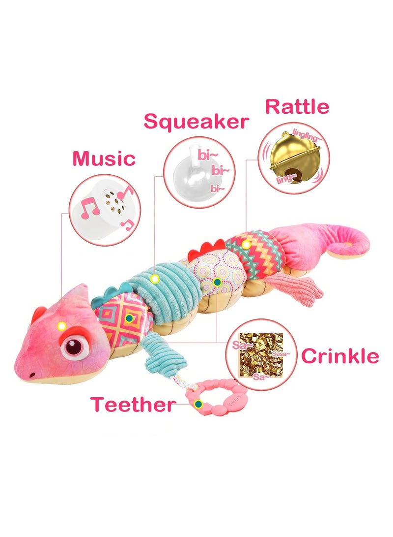KASTWAVE Baby Musical Stuffed Animal Toy with Soft Sensory Rattles and Crinkle Newborn Plush Tummy Time Toys 6+ Months Old Baby Girl Gift, Pink Chameleon - Image 2