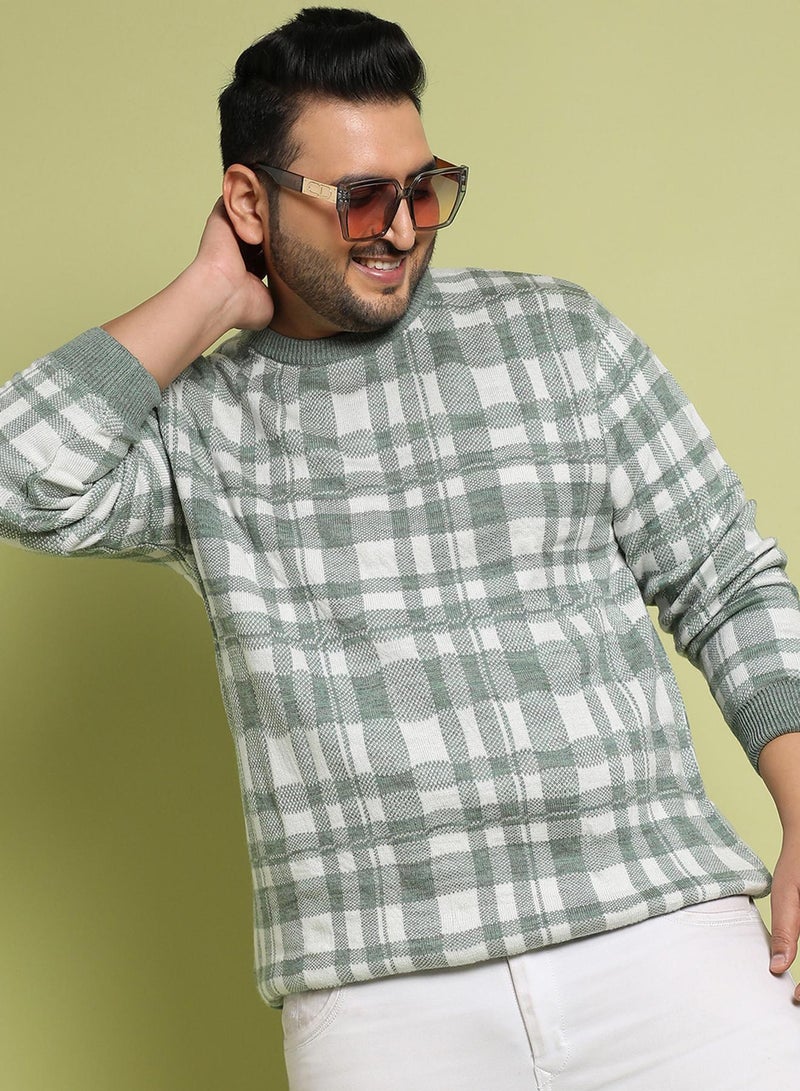 Instafab Plus Instafab Plus Men's Olive Green Tartan Plaid Knitted Pullover Sweater For Casual Wear | Crew Neck | Long Sleeve | Pull On Closure | Woll sweater Crafted With Comfort Fit For Everyday Wear - Image 1