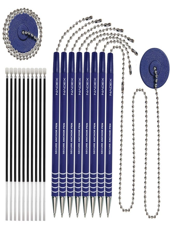 Nadex Ball and Chain Security Pen Set | 8 Pens, 2 Adhesive Mounts, and 10 Refills (Blue) - Image 1