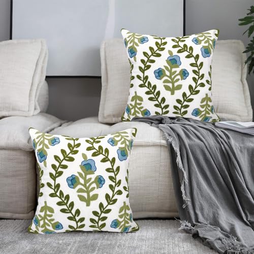 Alysheer Floral Embroidered Summer Decorative Throw Pillow Covers 18"x 18" Set of 2, Farmhouse Blue Flowers Green Vines Patterned Cotton Cushion Cases for Couch Bed Living Room Cottage Decor - Image 3