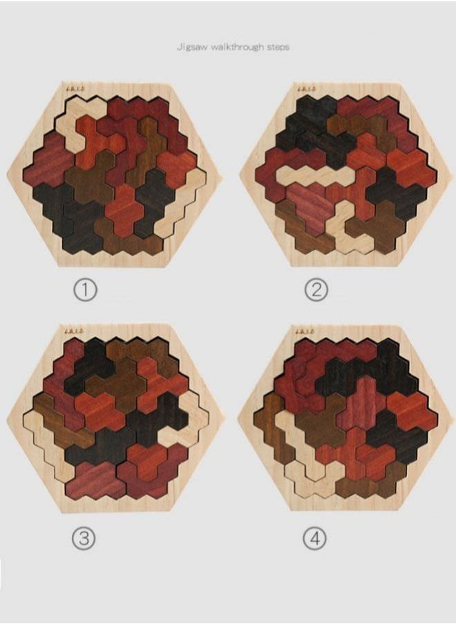 Arabest - Wooden Hexa Puzzle, Tangram Puzzles for Adults and Kids, Brain Teaser Challenge Toys Shape Pattern Blocks Geometry Logic IQ Game STEM Montessori Education (Brown) - Image 1