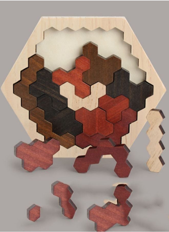 Arabest - Wooden Hexa Puzzle, Tangram Puzzles for Adults and Kids, Brain Teaser Challenge Toys Shape Pattern Blocks Geometry Logic IQ Game STEM Montessori Education (Brown) - Image 1