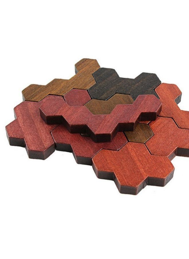 Arabest - Wooden Hexa Puzzle, Tangram Puzzles for Adults and Kids, Brain Teaser Challenge Toys Shape Pattern Blocks Geometry Logic IQ Game STEM Montessori Education (Brown) - Image 1
