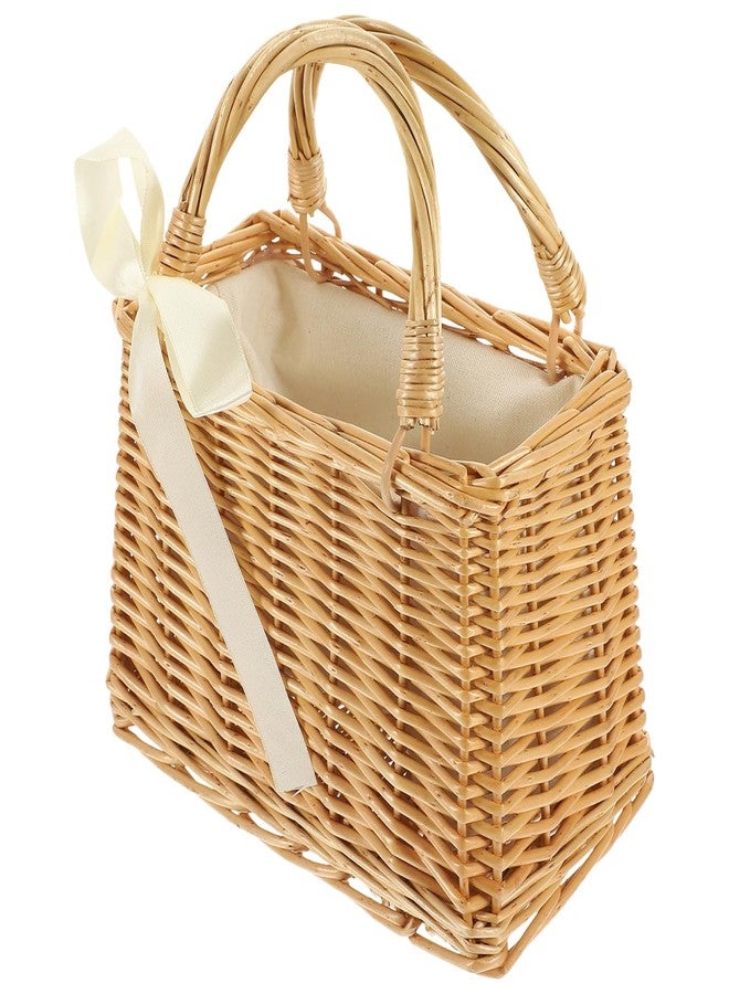Vaguelly Wicker Handbag Bow Rattan Woven Bag Straw Bags Top Handle Wicker Baskets Purse Handbags Boho Style Beach Bag Flower Basket Straw Tote for Women Square Rattan Bag - Image 1
