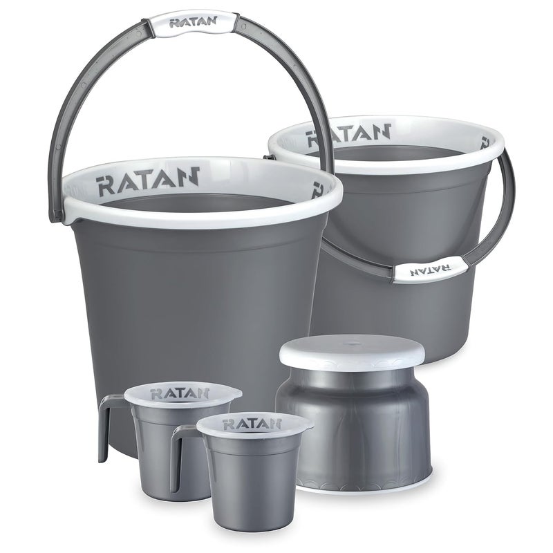 RATAN PLASTICWARE طقم حمام بلاستيكي من راتان مكون من 5 قطع - حزمة كومبو - غلوريا عادية - نير فضي - 20 لتر و25 لتر دلو - نوفا ستول باتلا 107 - كوب استحمام غلوريا عادية 15 لتر - Image 1