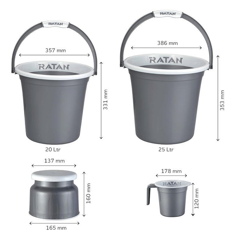 RATAN PLASTICWARE طقم حمام بلاستيكي من راتان مكون من 5 قطع - حزمة كومبو - غلوريا عادية - نير فضي - 20 لتر و25 لتر دلو - نوفا ستول باتلا 107 - كوب استحمام غلوريا عادية 15 لتر - Image 3