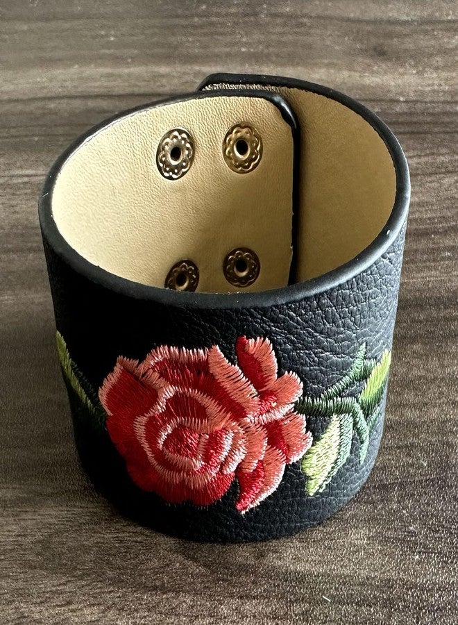 Fusamk Punk Rock Flower Print Pattern Wristband Wide Leather Cuff Bracelet(Brown) - Image 2