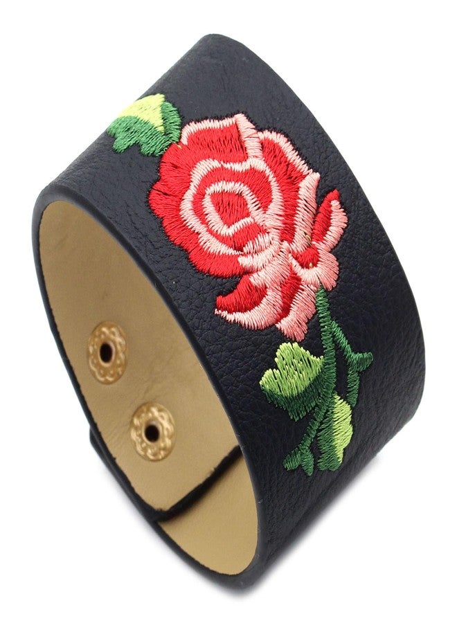 Fusamk Punk Rock Flower Print Pattern Wristband Wide Leather Cuff Bracelet(Brown) - Image 1