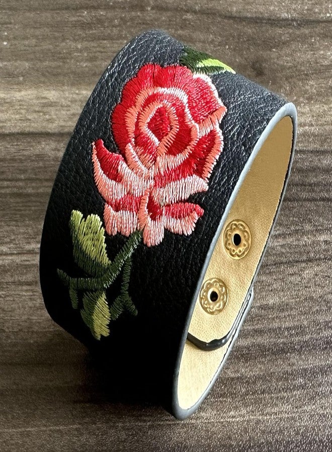 Fusamk Punk Rock Flower Print Pattern Wristband Wide Leather Cuff Bracelet(Brown) - Image 4