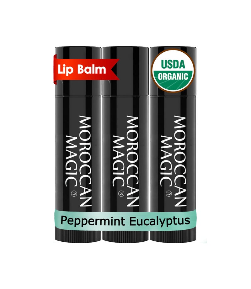 Moroccan Magic Organic Peppermint Eucalyptus Lip Balm 3 Pack | Ultra-Hydrating Argan & Essential Oil Lip Moisturizer + Vitamin E | Natural Mint Chapstick for Dry Lips | Non-Toxic | Organic Lip Balm - Image 1