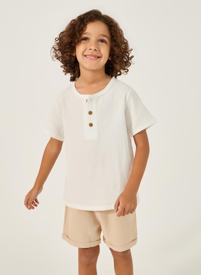 Styli Round Neck Buttoned Shirt and Shorts Set  - Image 1