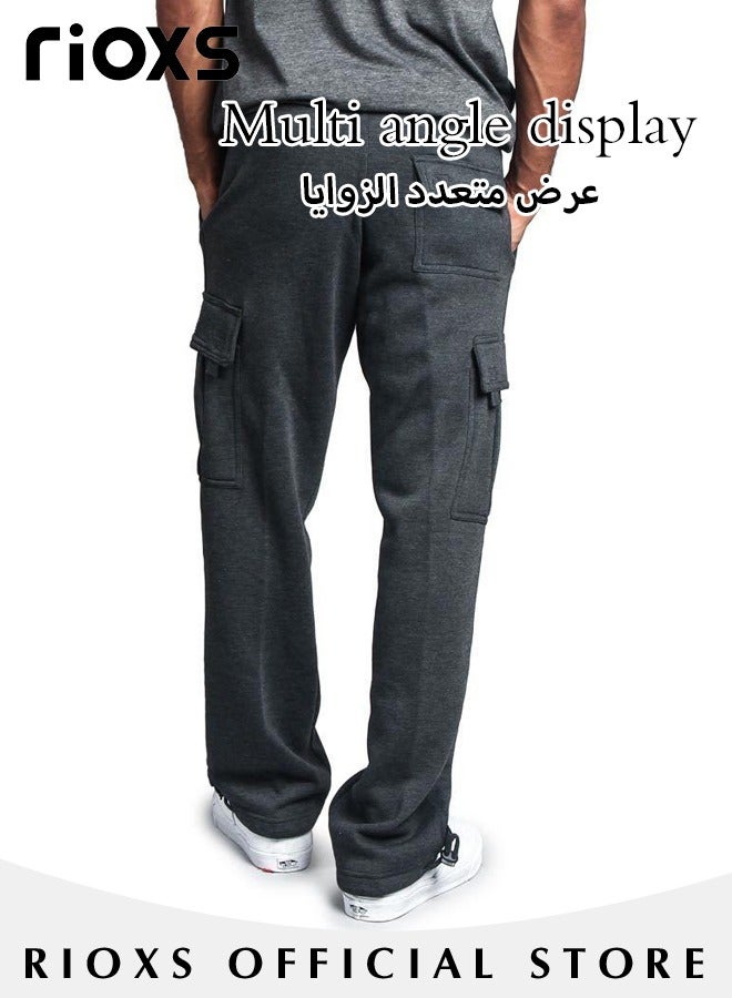 RIOXS Men's Baggy Cargo Sweatpants, Loose Fit Thick Cotton Joggers Pants with Multiple Pockets, Casual Straight Wide Leg Cargo Pants with Adjustable Ankle Drawstring, Comfortable Drawstring Waist Workout Trousers, Cargo Jogging Tracksuit Bottoms, Suitable for Outdoor Activities and Daily Leisure, Dark Gray - Image 5