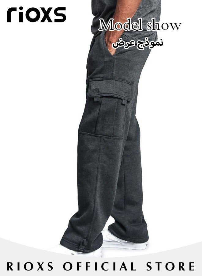 RIOXS Men's Baggy Cargo Sweatpants, Loose Fit Thick Cotton Joggers Pants with Multiple Pockets, Casual Straight Wide Leg Cargo Pants with Adjustable Ankle Drawstring, Comfortable Drawstring Waist Workout Trousers, Cargo Jogging Tracksuit Bottoms, Suitable for Outdoor Activities and Daily Leisure, Dark Gray - Image 3