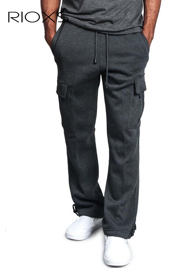 RIOXS Men's Baggy Cargo Sweatpants, Loose Fit Thick Cotton Joggers Pants with Multiple Pockets, Casual Straight Wide Leg Cargo Pants with Adjustable Ankle Drawstring, Comfortable Drawstring Waist Workout Trousers, Cargo Jogging Tracksuit Bottoms, Suitable for Outdoor Activities and Daily Leisure, Dark Gray - Image 1