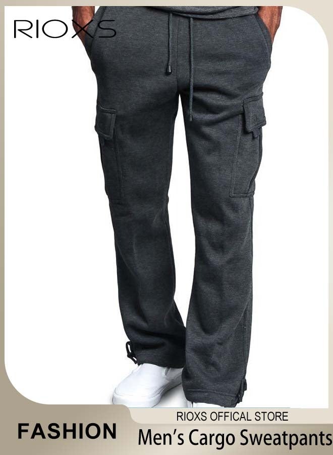 RIOXS Men's Baggy Cargo Sweatpants, Loose Fit Thick Cotton Joggers Pants with Multiple Pockets, Casual Straight Wide Leg Cargo Pants with Adjustable Ankle Drawstring, Comfortable Drawstring Waist Workout Trousers, Cargo Jogging Tracksuit Bottoms, Suitable for Outdoor Activities and Daily Leisure, Dark Gray - Image 2